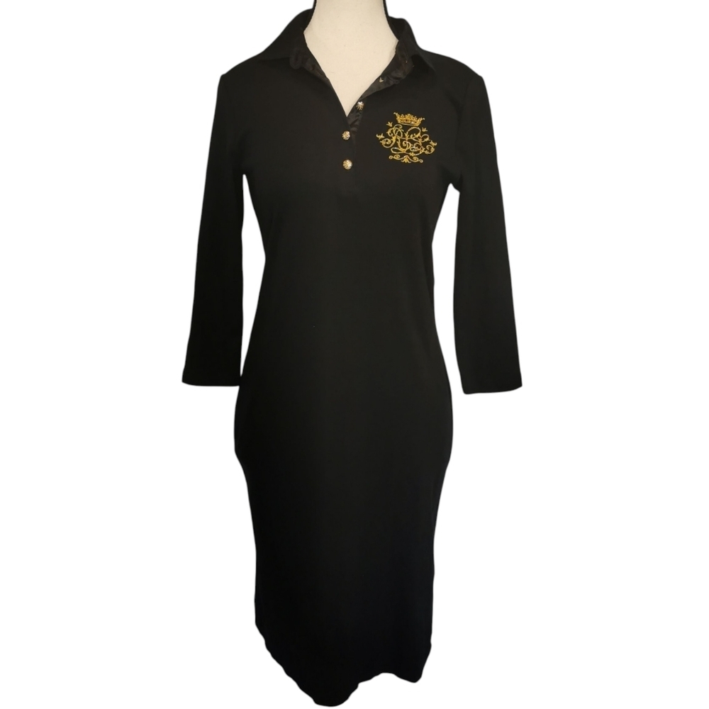 Lauren Ralph Lauren Black Midi Polo Dress with Gold Crest